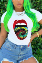 Green Fashion Lips Print Short Sleeve T-shirt