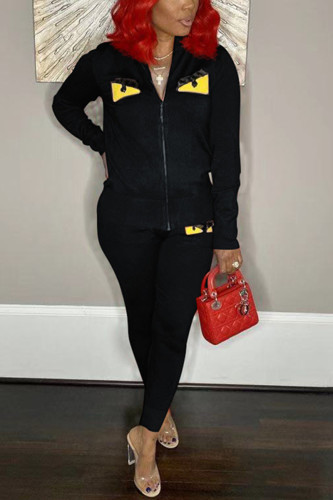 Black Fashion Casual Printed Zipper Coats Set