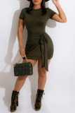 Army Green Fashion Casual Solid Bandage O Neck Short Sleeve Dress