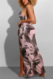 Pink Sexy Printed Sling Backless Dress
