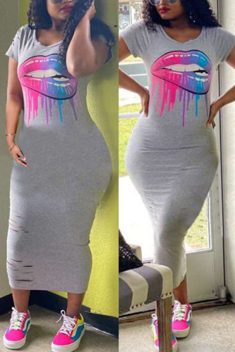 Grey Fashion Casual Printed Slim Dress