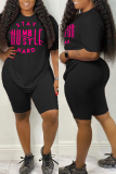 Black Fashion Casual Printed Short Sleeve Shorts Set