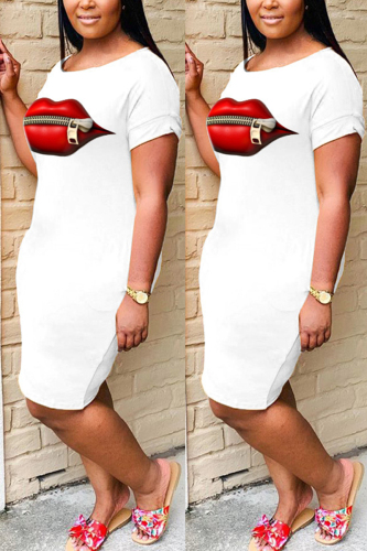 White Sexy Fashion Lips Print Short Sleeve Dress