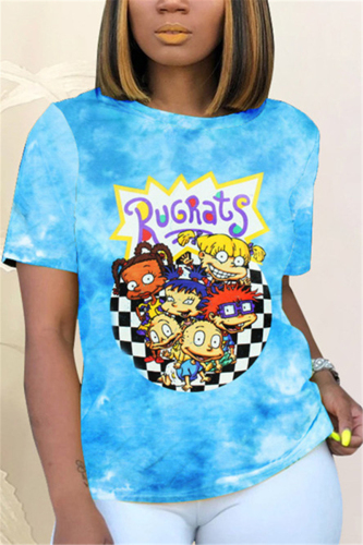 Blue Fashion Cartoon Print Short Sleeve T-shirt