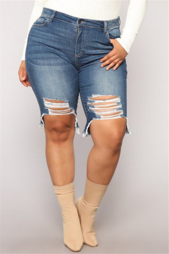 Dark Blue Fashion Casual Plus Size Denim Pants