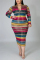 Multicolor Fashion Striped Printe Plus Size Dress