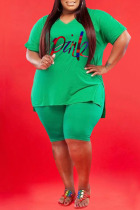Green Fashion Casual Letter Print Basic V Neck Plus Size Two Pieces