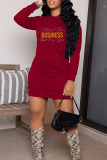Burgundy Fashion Casual Letter Hot Drill O Neck Long Sleeve Dresses