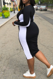 Black Casual Print Patchwork V Neck One Step Skirt Plus Size Dresses