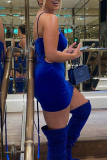 Blue Sexy Solid Patchwork Halter Pencil Skirt Dresses