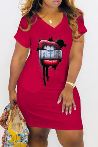 Red Fashion Casual Print Basic V Neck Short Sleeve Dress