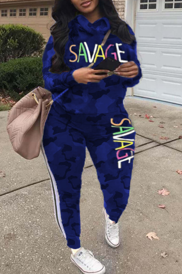 Colorful Blue Fashion Casual Letter Camouflage Print Basic Hooded Collar Plus Size Two Pieces