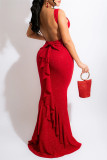 Red Fashion Sexy Solid Split Joint Backless O Neck Evening Dress