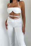 White Fashion Sexy Solid Frenulum Backless Strapless Sleeveless Two Pieces