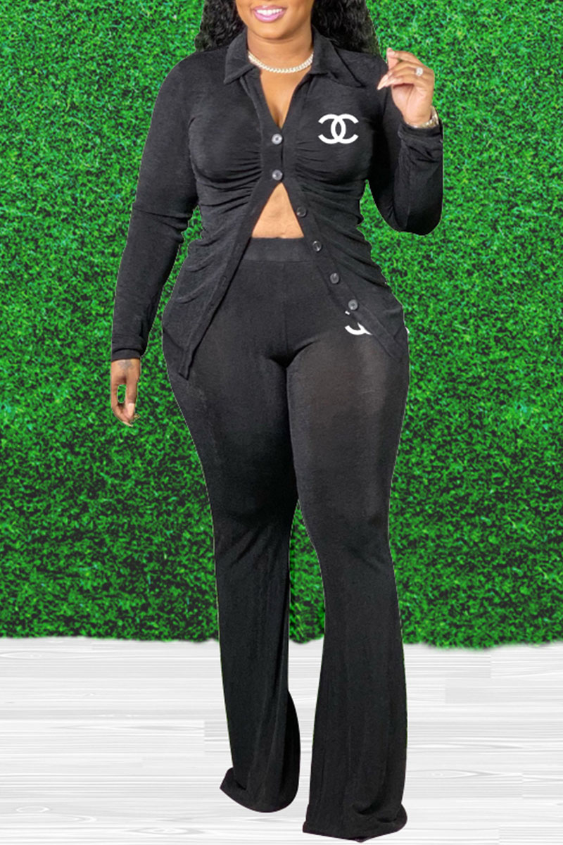 

Black Fashion Casual Print Fold Turndown Collar Plus Size Two Pieces