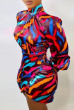 Colour Sexy Print Split Joint Backless Turtleneck Irregular Dress Dresses