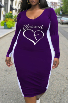 Purple Casual Print Split Joint V Neck One Step Skirt Plus Size Dresses