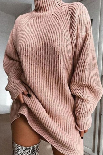 Pink Fashion Casual Solid Basic Turtleneck Long Sleeve Dresses