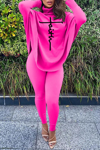 Rose Red Casual Letter Print Asymmetrical Turtleneck Long Sleeve Two Pieces