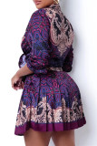 Purple Fashion Casual Print Fold Turndown Collar Long Sleeve Two Pieces