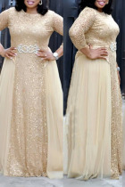 Apricot Fashion Sexy Patchwork Sequins See-through O Neck Evening Dress Plus Size Dresses