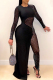 Black Fashion Sexy Patchwork Hot Drilling See-through Asymmetrical O Neck Skinny Jumpsuits