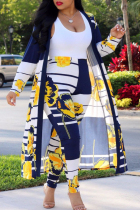 Yellow Fashion Casual Street Vacation Print Printing cardigan Plus Size Two Pieces