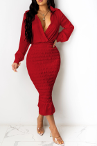 Red Casual Solid Split Joint Turndown Collar Dresses