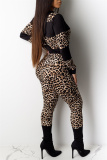 Blue Fashion Casual Print Leopard Patchwork Hooded Collar Long Sleeve Two Pieces