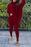 Rose Red Casual Letter Print Asymmetrical Turtleneck Long Sleeve Two Pieces