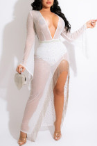 White Sexy Patchwork Hot Drilling Tassel See-through V Neck Evening Dress