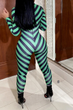 Green Casual Striped Patchwork Half A Turtleneck Skinny Jumpsuits