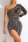 Orange Fashion Sexy Patchwork Hot Drilling See-through Oblique Collar Long Sleeve Dresses