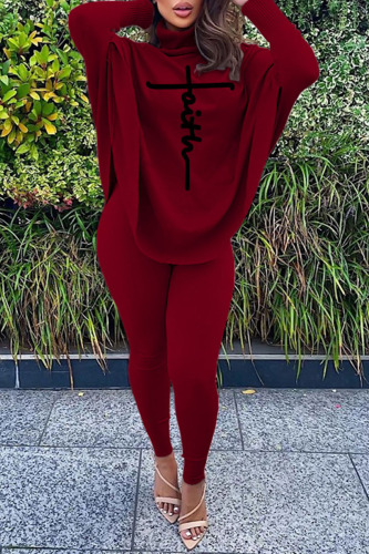 Burgundy Casual Letter Print Asymmetrical Turtleneck Long Sleeve Two Pieces