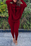 Rose Red Casual Letter Print Asymmetrical Turtleneck Long Sleeve Two Pieces