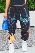 Black Fashion Casual Print Basic Regular High Waist Trousers