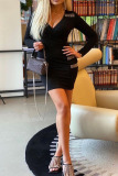 Black Casual Solid Tassel Patchwork V Neck One Step Skirt Dresses
