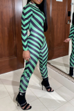 Green Casual Striped Patchwork Half A Turtleneck Skinny Jumpsuits