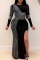 Gold Fashion Sexy Patchwork Hot Drilling Slit O Neck Long Sleeve Plus Size Dresses