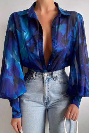 Blue Fashion Casual Print Split Joint Buckle Turndown Collar Tops