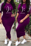 Purple Fashion Casual Print Basic O Neck One Step Skirt Dresses