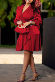 Red Fashion Casual Solid Patchwork Turndown Collar Long Sleeve Dresses