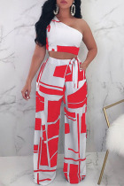 Red Sexy Casual Print Vests Pants One Shoulder Sleeveless Two Pieces