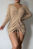Khaki Sexy Solid Hollowed Out V Neck Straight Dresses