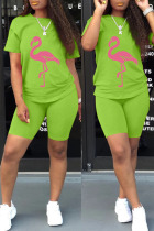 Fluorescent Color Casual Print Patchwork O Neck Short Sleeve Two Pieces
