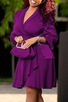 Purple Fashion Casual Solid Split Joint Turndown Collar Long Sleeve Dresses