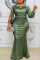 Green Fashion Sexy Plus Size Patchwork Hot Drilling Hollowed Out O Neck Evening Dress