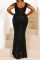 Black Fashion Sexy Plus Size Patchwork Sequins V Neck Evening Dress