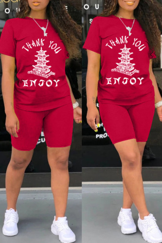 Red Fashion Casual Print Basic O Neck Short Sleeve Two Pieces