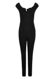 Black Euramerican Dew Shoulder Skinny One-piece Jumpsuit